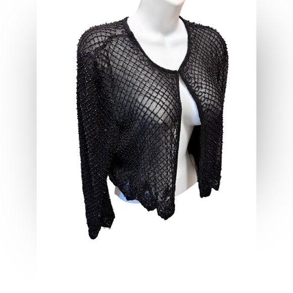 VTG Scala 100% Silk Beaded Short Bolero Jacket Scalloping L Black Formal Wedding - Picture 2 of 11
